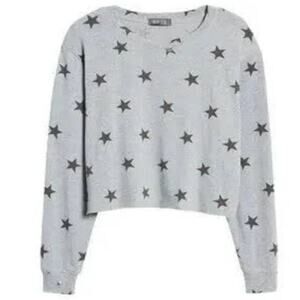 NWT La La Land Soft Long Sleeve Crew Crop Top Sz Large in Gray with Black Stars